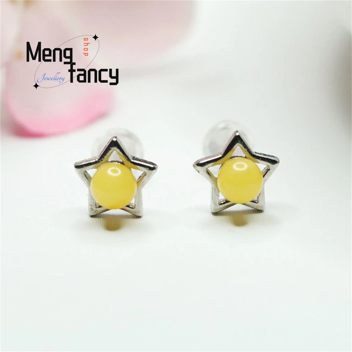 

Natural S925 Silver Authentic Amber Honey Wax Ball Star Ear Hook Earrings Simple Generous Personality Retro Women Fine Jewelry