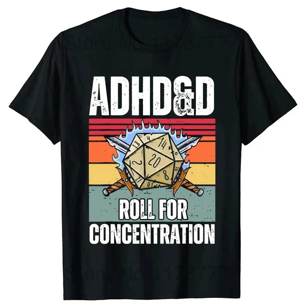 Retro Vintage ADHD&D Roll for Concentration Funny Gamer Dungeons DM RPG Dice Dragon T Shirts Summer Streetwear Gifts T-shirt Men