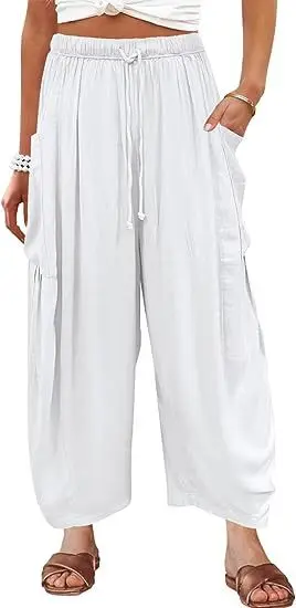 

2024 Women's Elastic Waist Fashionable Pleated High Waist Wide Leg Pants Loose Casual Cotton and Linen Pants
