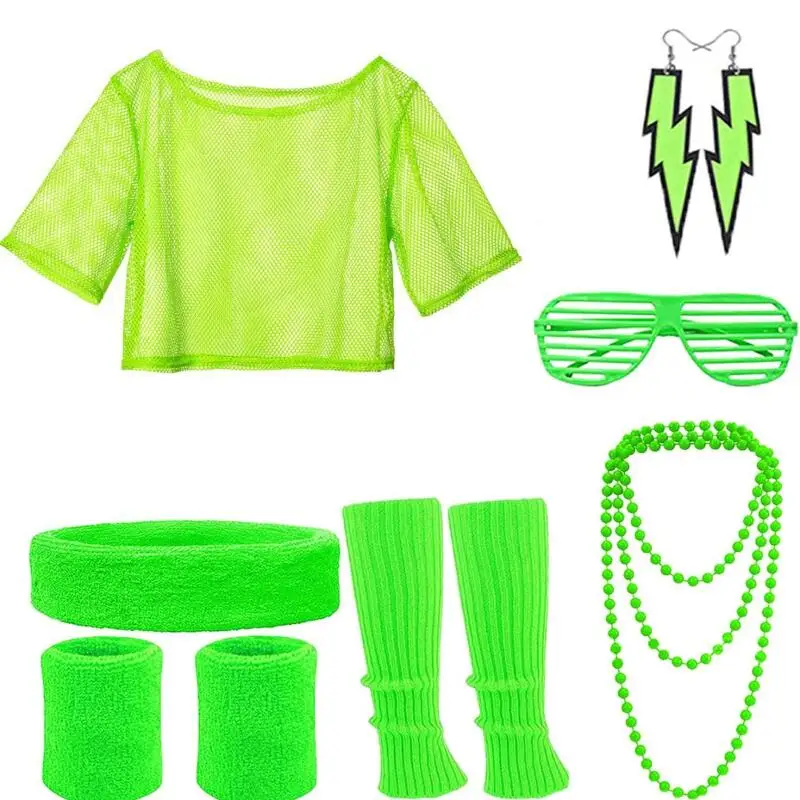 80s Hippie Disco Outfit Set Neon Mesh Crop Top Leg Warmers Headband Earrings Glasses Retro Halloween Carnival Costume Accessorie view 3