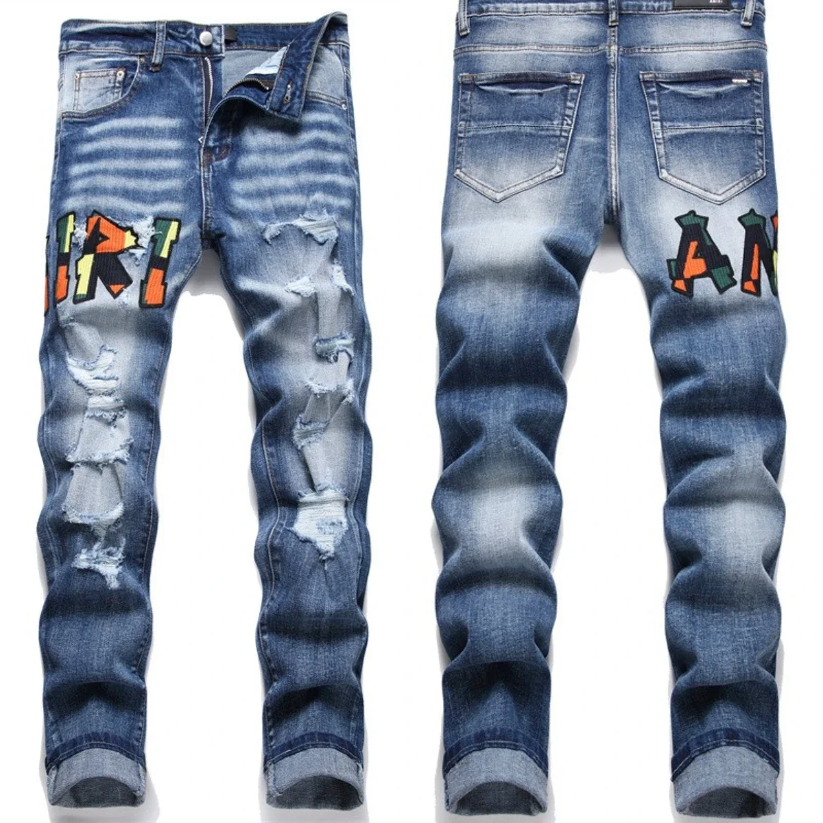 Calça jeans masculina bordada à mão, padrão de estilo nacional, personalidade algodão, calças finas elásticas altas, 3D High Street Wash Hole, caveira 4