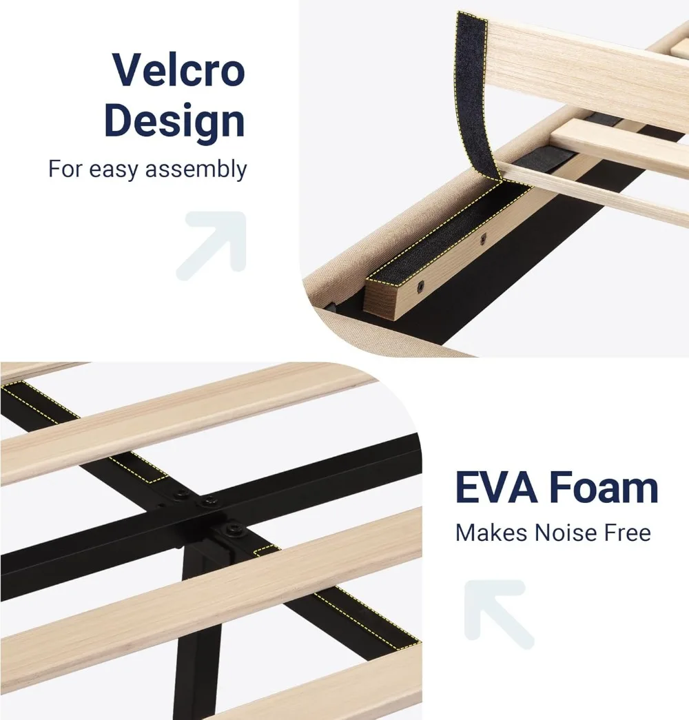 Cadre de lit plateforme queen size avec tête de lit rembourrée, support à lattes en bois, aucun sommier tapissier nécessaire, assemblage facile en beige