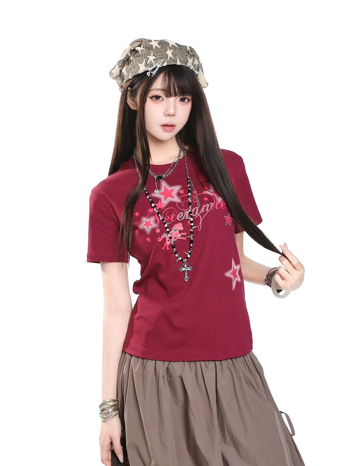Sweet Cool Spicy Girl Star Print Short Sleeve T-Shirt Women's 2026 Ultra Popular Design Sensation Youthful Slimming Shoulder Top