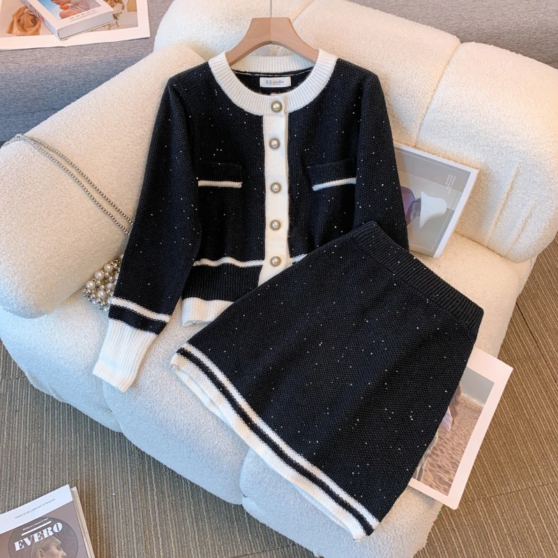 Women Elegant Chic Y2K Suit Cardigan Sweater Top And Mini Skirt Two Piece Set Outfit Winter New Fashion Korean Clothing Uniform