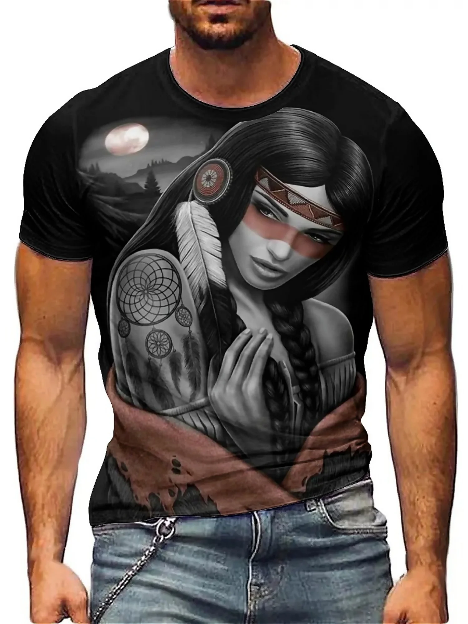 Luxurious Tribal Woman 3D Print T-Shirt for Men - Gothic, Vintage Y2K Style, Polyester, Breathable, All-Season Wear