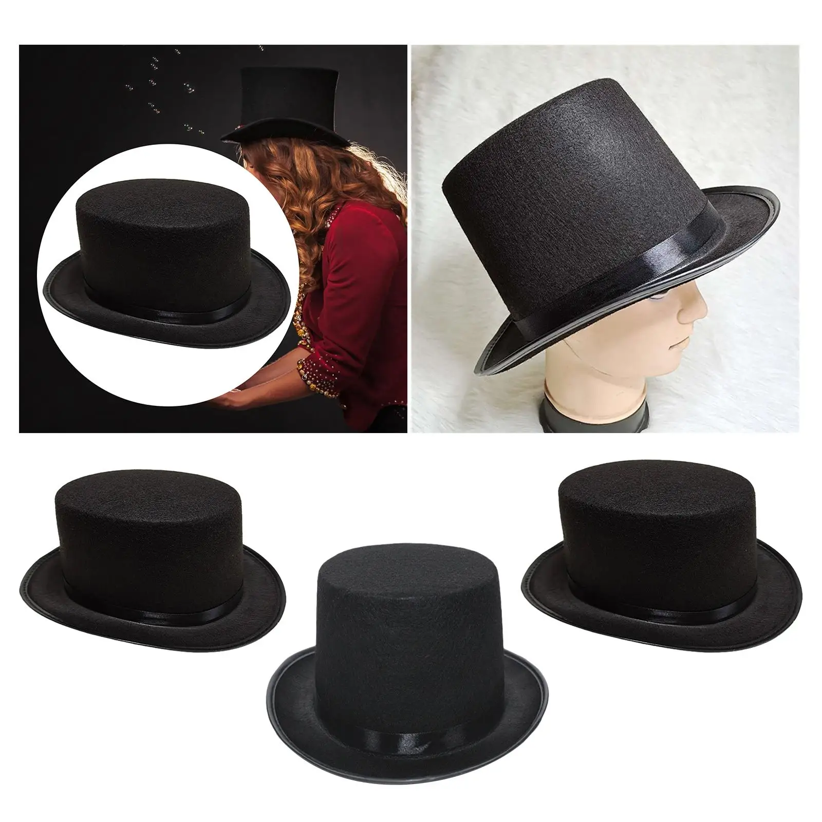 Czarny filcowy cylinder Fedoras dla dorosłych Unisex Formalne czapki kostiumowe z satynową opaską Funky Fancy Dress Czapki imprezowe na festiwal