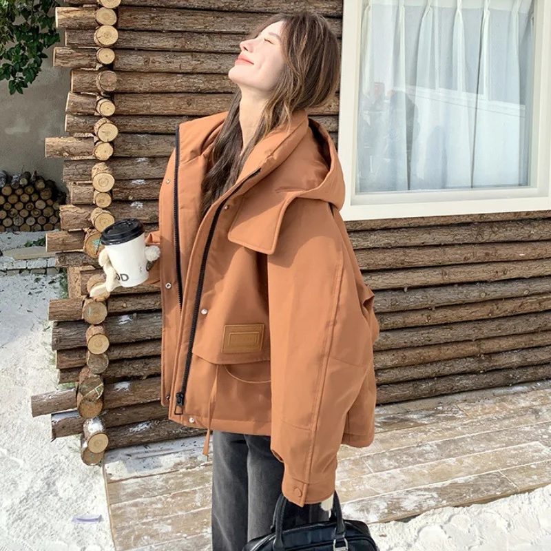 Women's 2026 Winter New Korean Short Cotton Jacket Women's Hooded Loose Casual Thick Coat