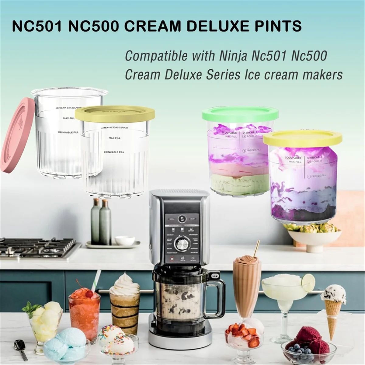 Contenedores de helado de repuesto para pintas y tapas de Creami, tazas de 24oz, serie Deluxe NC501 NC500 con cucharas