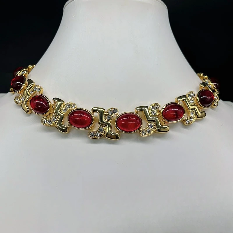 

Ожерелье и серьги с красными кристаллами, винтажная массивная ювелирная цепочка со стразами, элегантный подарок на вечеринку в стиле ретро для женщин