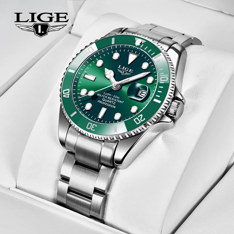 LIGE Luxury Brand Man Wristwatch Sports Calendar Men Quartz Watches Waterproof Luminous Steel Band Mens Watch Relogios Masculino