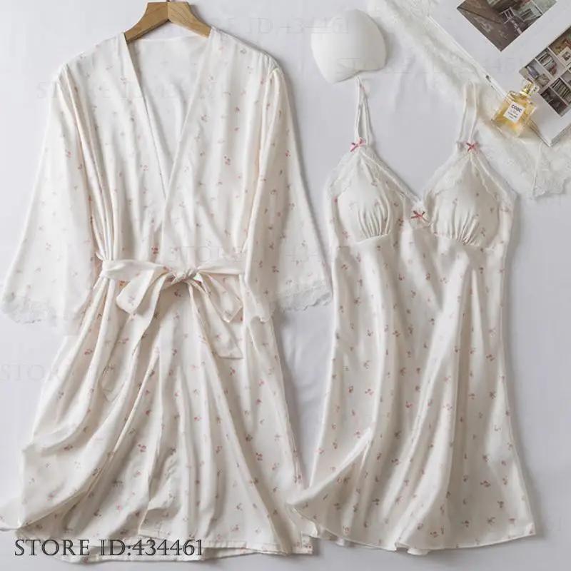 

Print Flower 2PCS Robe Set Nightgown Half Sleeve Kimono Bathrobe Gown Summer New Women Sleepwear Nightdress Silky Satin Homewear