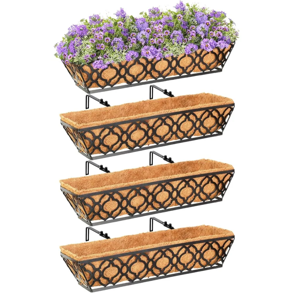 

4pcs 24 Inch Window Deck with Coco Liner,24" Window Boxes Horse Trough with Coconut Coir Liner,Metal Hanging Flower Planter