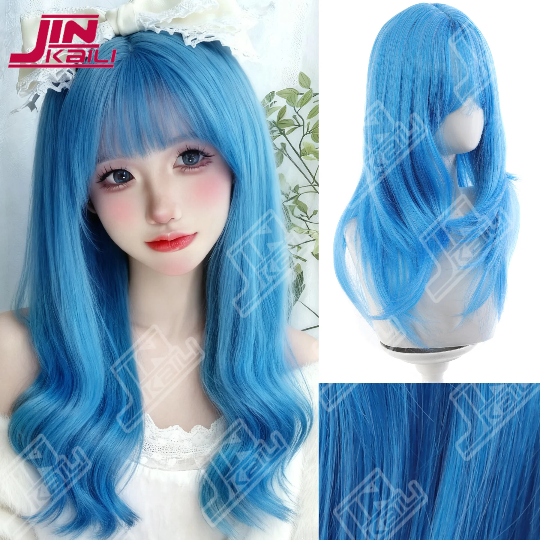 

JKL Синий с челкой Средние прямые волосы Парик высокого уровня Лолита Природа Повязка на голову Термостойкие волокна Синтетические парики 가발