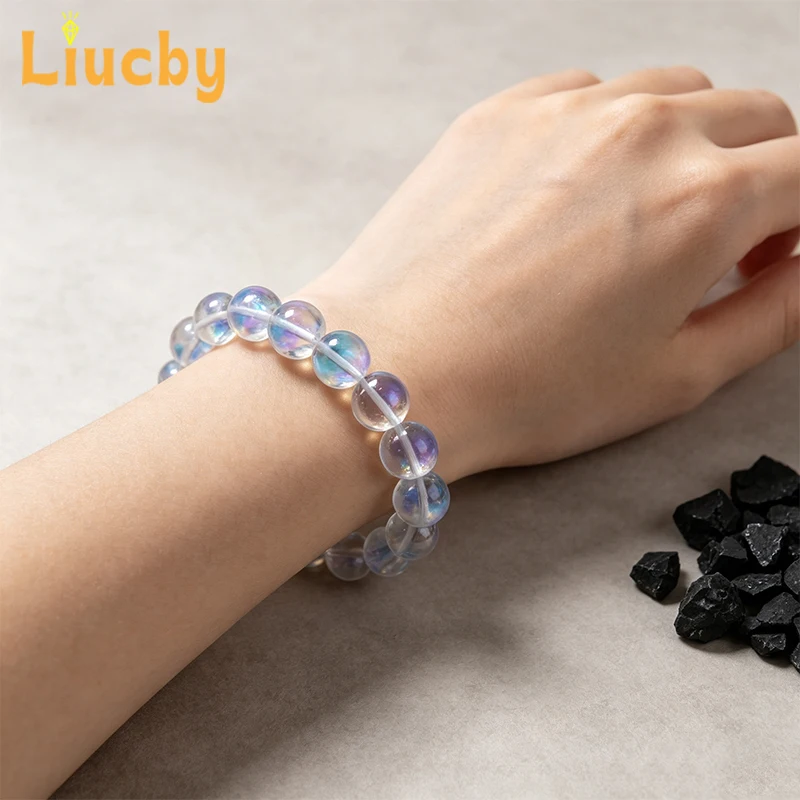 Weißes Kristall-Perlenarmband mit Mondstein-Effekt, Elastisches Armband für Damen, Modeschmuck, Geschenk für Alltag und Party – Detail 6