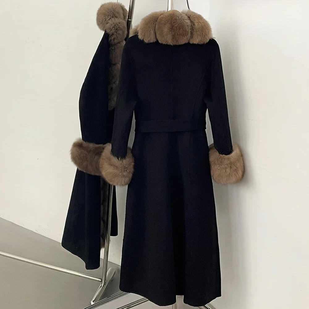 OFTBUY Neue Winter-Luxuskleidung Damen-Oberbekleidung Langer Woll-Alpaka-Mischmantel mit Echtfuchs-Pelzbesatz und Gürtel Wolljacke für Damen – Detail 21