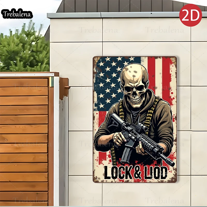 1PC 2D Flat 8*12inch Metal Sign Skull Soldier Lock and Load American Flag Art
