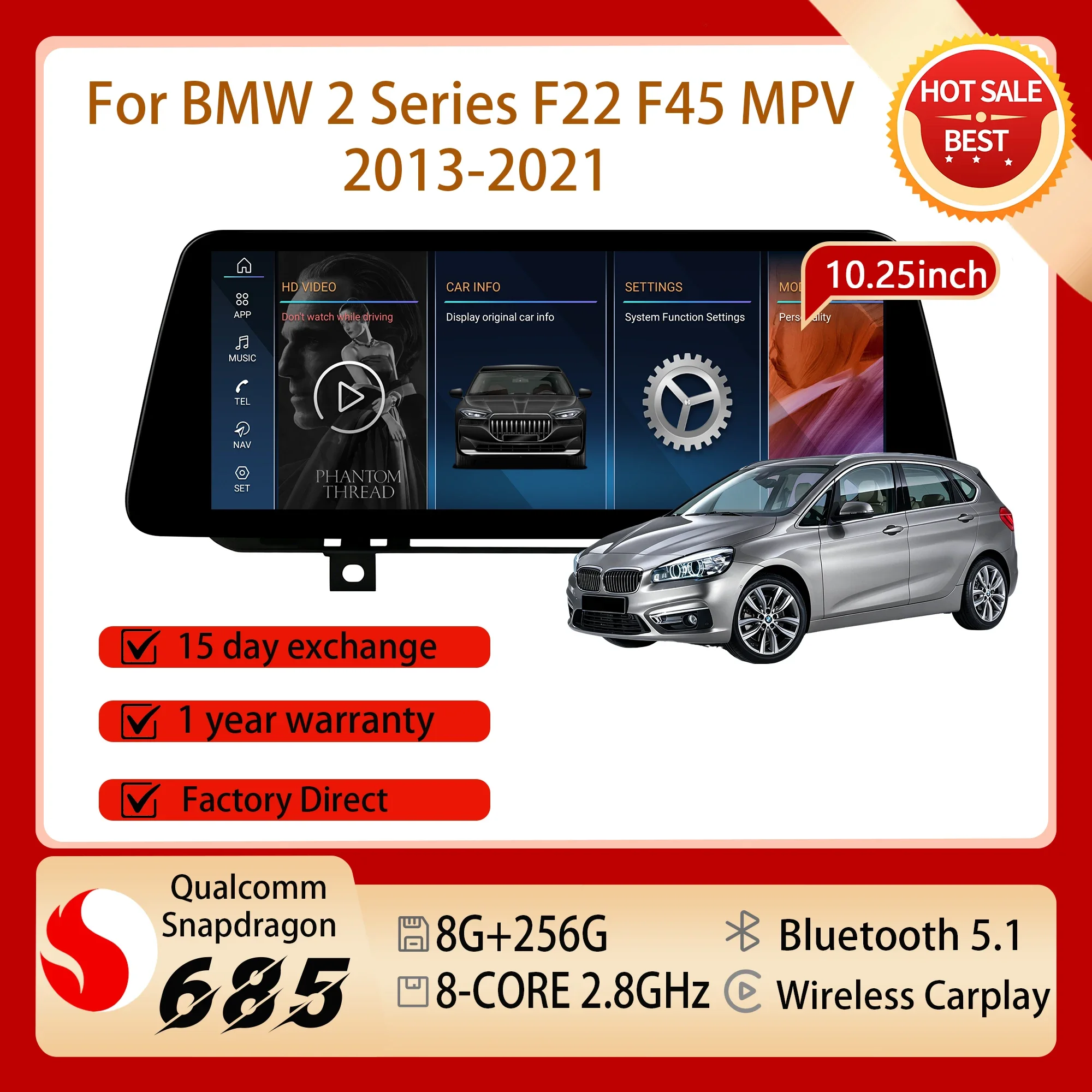 10.25'' Android 14 Car Radio Multimedia Screen For BMW 2 Series F22 F45 MPV 2013-2021 Snapdragon 685 Carplay BT GPS Navigation