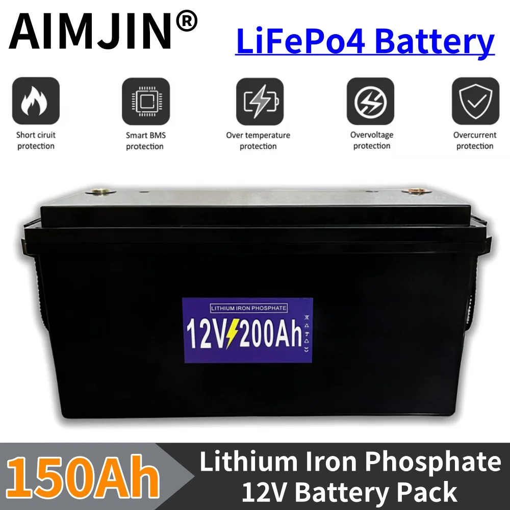 12V LiFePo4 Battery Pack 200AH Built-in BMS Lithium Iron Phosphate Cells 5000 Cycles For RV Campers Golf Cart Solar