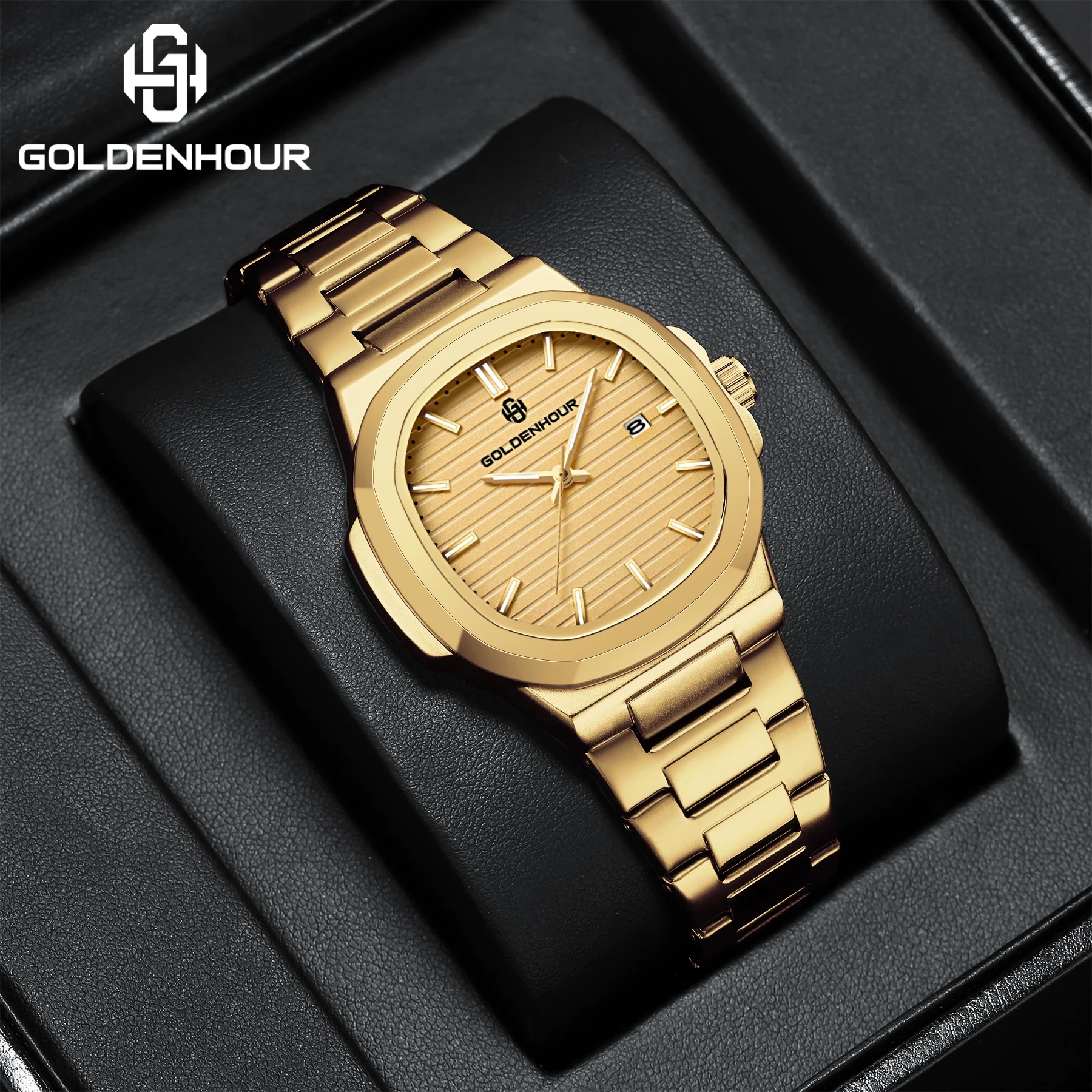 GOLDEN HOUR Brand Luxury Business Men Watches Gold Stainless Steel Waterproof Quartz Watch Luminous Date Men's Fashion Wristwatc