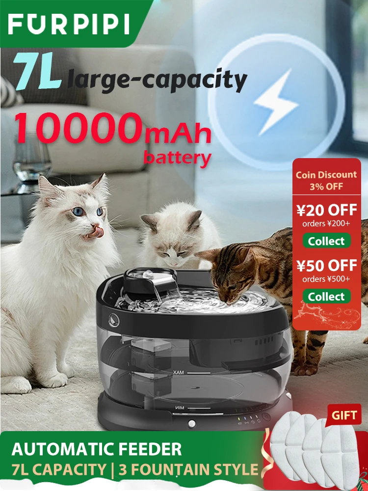 Wireless Pet Fountain Water Dispenser 7L 1000mAh Furpipi 60 Days of Power on One Charge ABS Automatic Pet Feeder Water Fountain