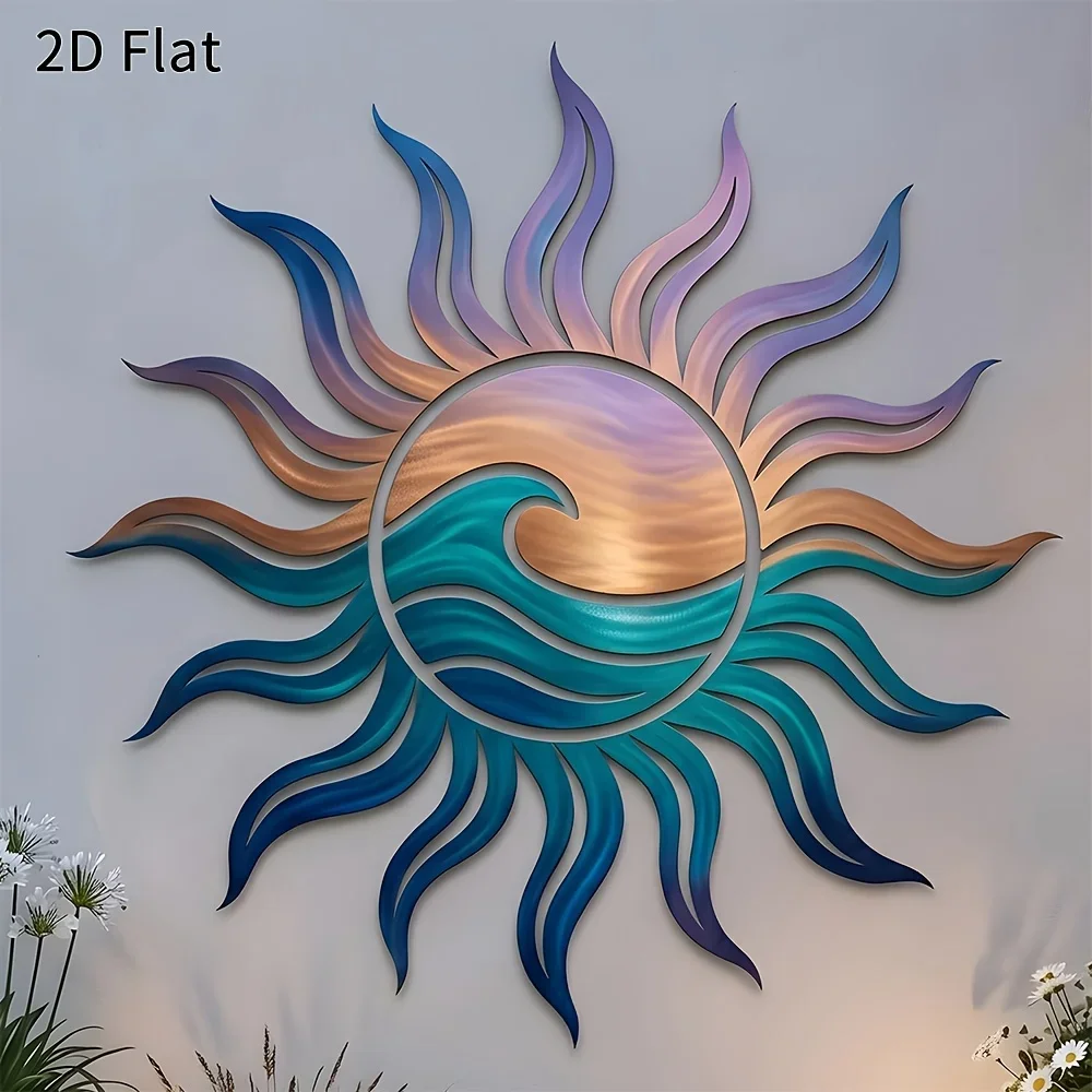 HELLOYOUNG 1pc Sunset Ocean Sun & Wave Silhouette Metal Tin Sign,20x30cm,2D Flat Cutout Beach Coastal Wall Decor for Porch