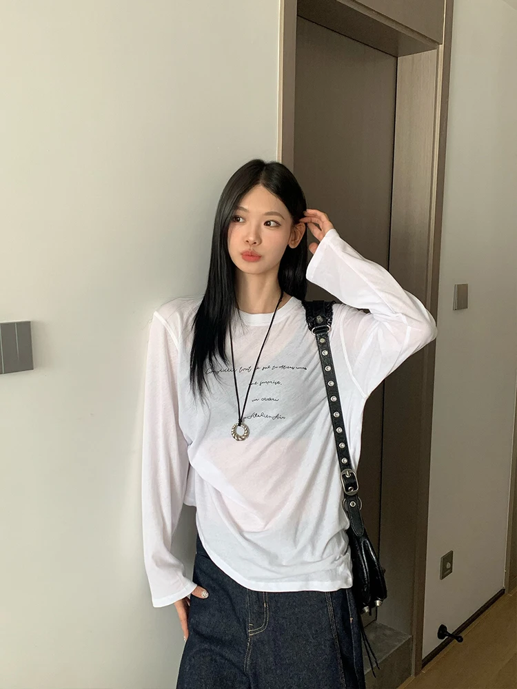 

Женская футболка Lumoder с длинным рукавом, белая, тонкая, повседневная, свободного кроя, полупрозрачная, осенняя новинка, комфортная, модная