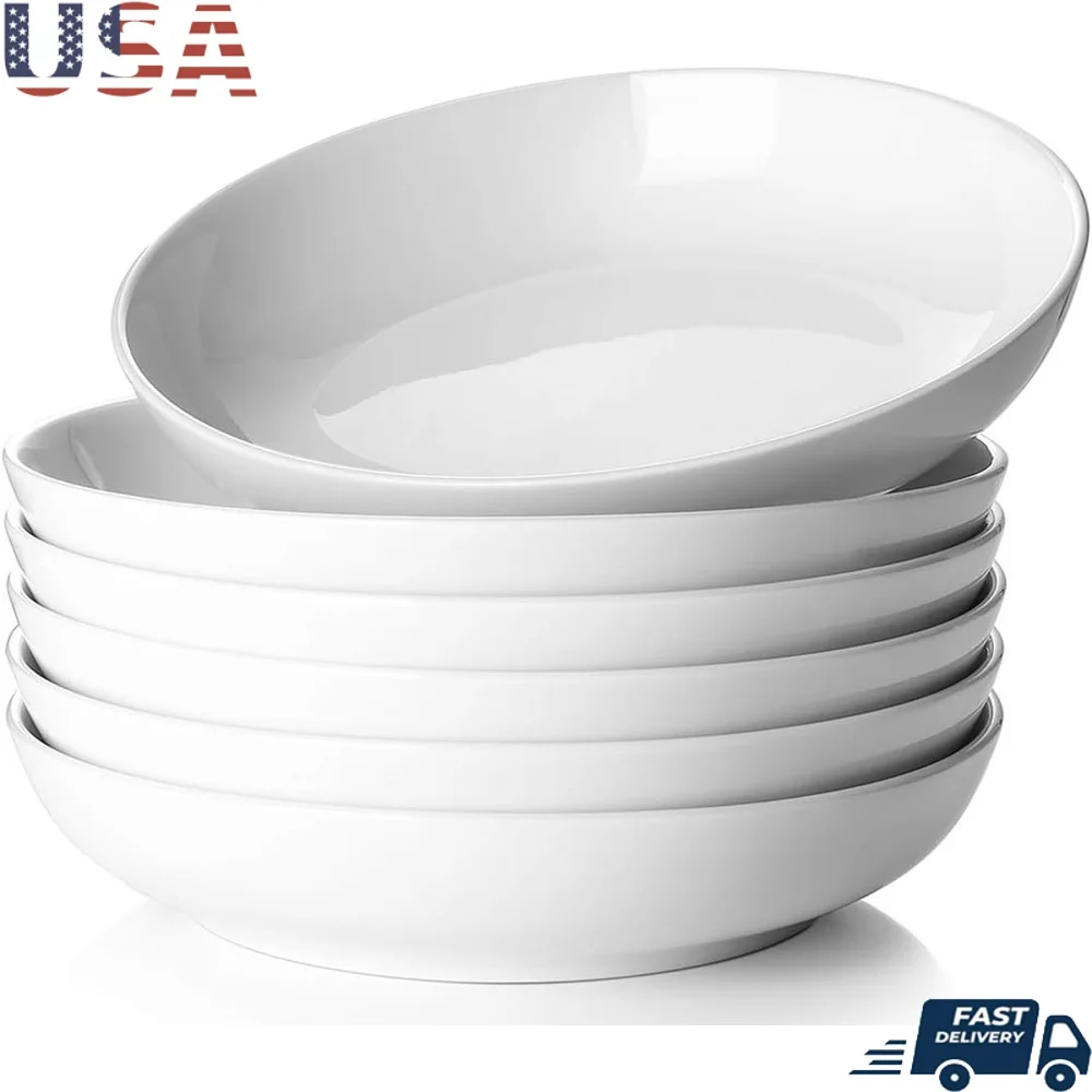 

Large Pasta Soup Bowls Set of 6 New Bone China Shallow Stackable Dishwasher Safe Ideal Dinner Parties