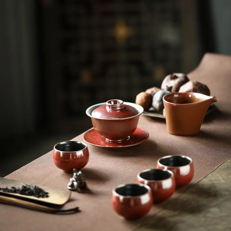 ★Copper Red Metal Glaze Gracked Glaze Supportable Gaiwan Set Jingdezhen Kiln Baked Ru Ware Tea Set Handmade Master Cup