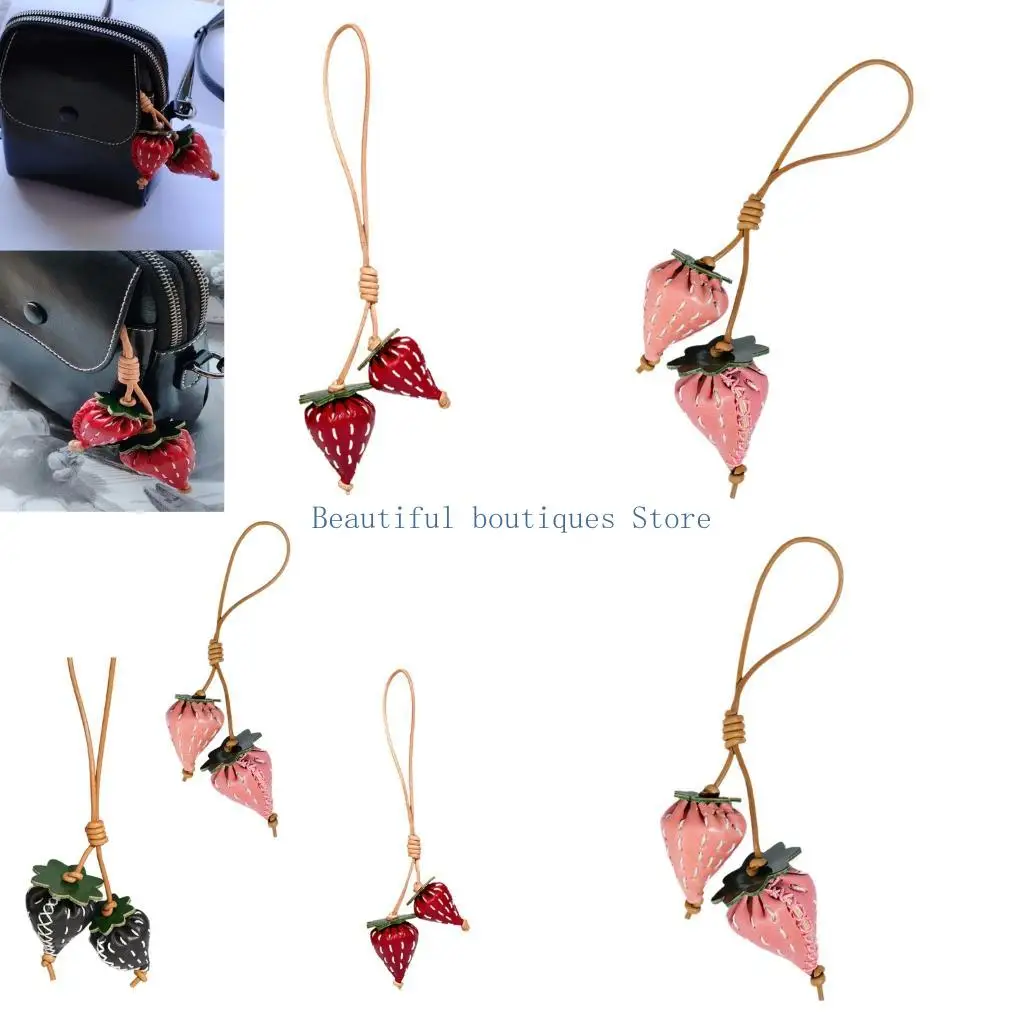 U4LF Unique 3D Leather Strawberry Charm Handcrafted Holder Bag Hanging Ornament For Women Girls Fashionable Gift