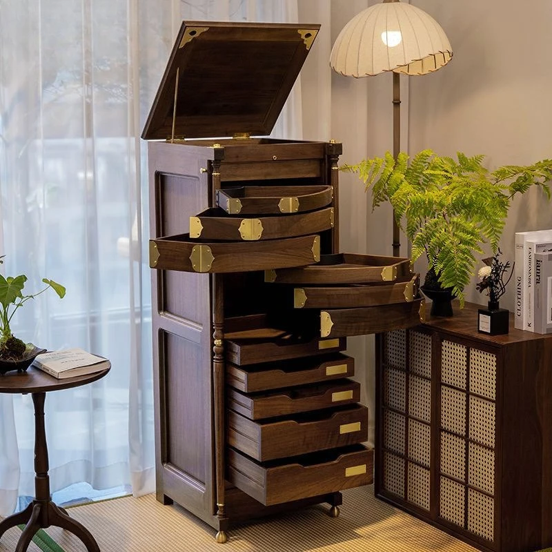 North American black walnut high-end rotating jewelry tea set cabinet Zisha pot tea storage cabinet
