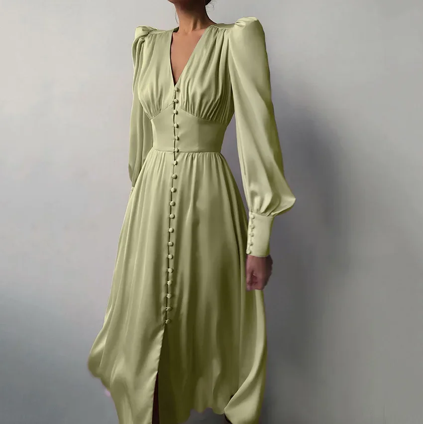 2025 Fashion V Neck Elegant Court Vintage Front Button Midi Dress Satin Party Lantern Long Sleeve Chice Female Solid Vertidos