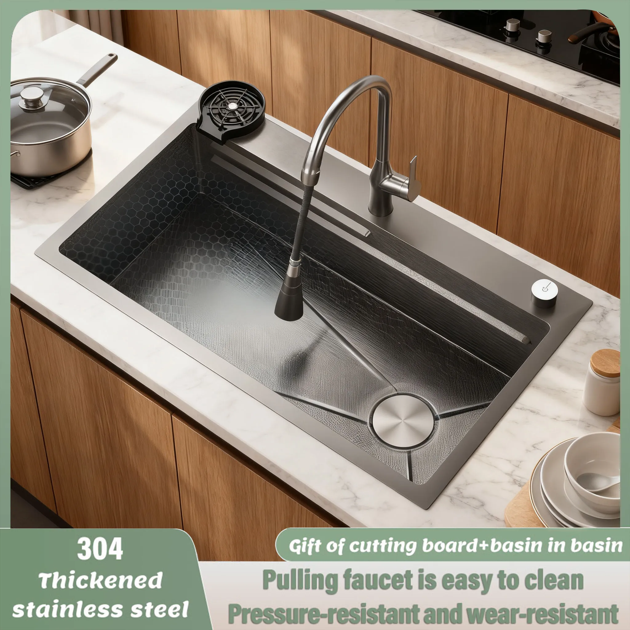 Stainless Steel Honeycomb Embossed Kitchen Sink, Household Kitchen Single Slot Vegetable Washing Basin Sink With Chopping board