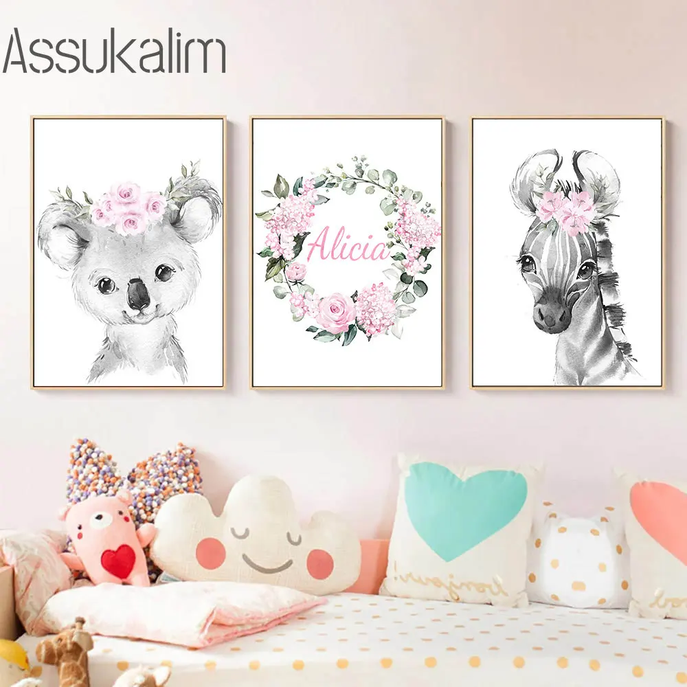 Custom Name Poster Koala Zebra Pictures Pink Flowers Canvas Painting Nordic Art Prints Nursery Wall Posters Baby Kids Room Decor