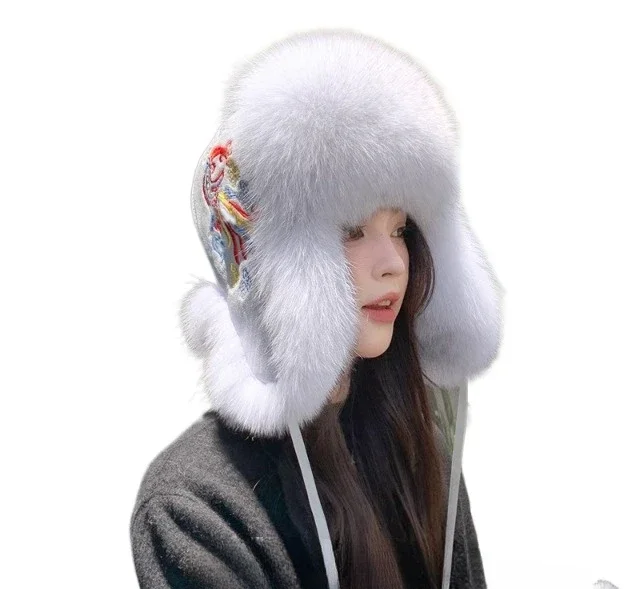 Women's Luxury Genuine Sable Fur leifengHat Bucket Caps Lady Fashion Fox Fur Trimming  Fur Hats Warm Soft Fluffy