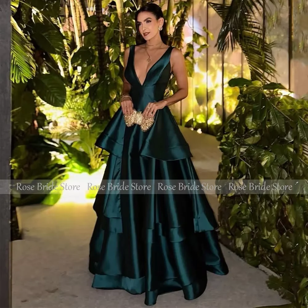 Customized Prom Dress Deep V Neck A Line Sleeveless Tiered Satin Formal Party Gowns for Women Floor Length Elegant Evening Dress