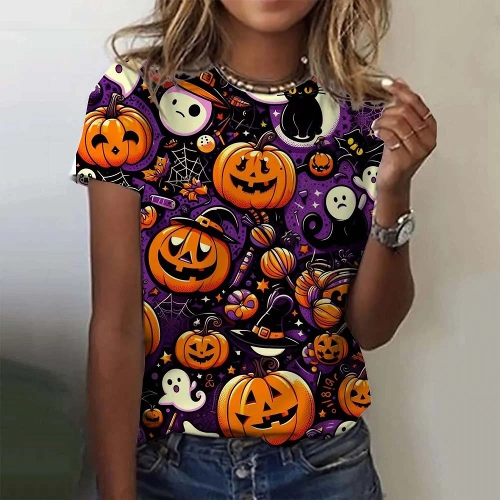 New Halloween Women's T-shirt for Girls Summer Short Sleeve Pumpkin Head Clothes Day of The Dead Skull Pattern Oversized Tee