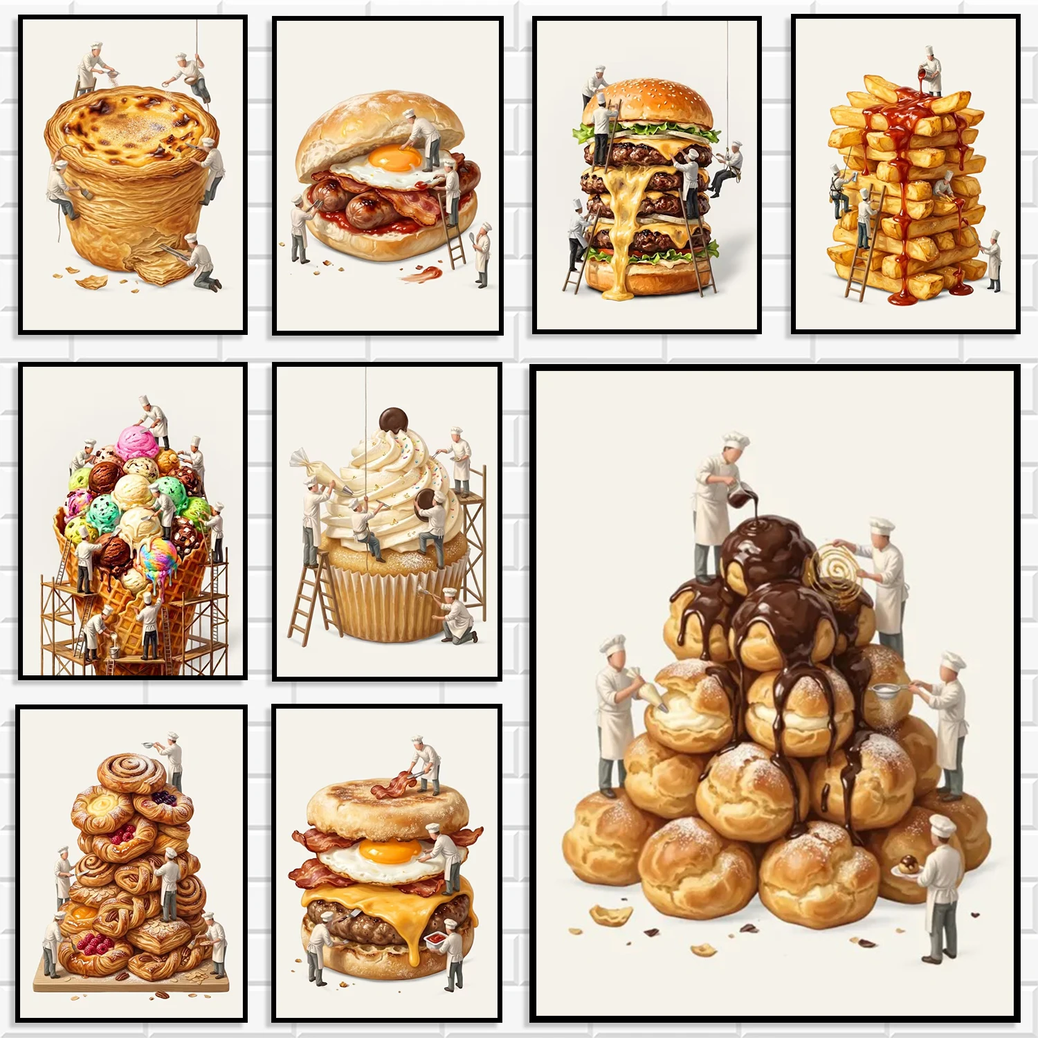 Whimsical Surreal Miniature Chef Wall Art Prints Burger Ice Cream Pastry Canvas Posters Funny Food Art for Kitchen Home Decor