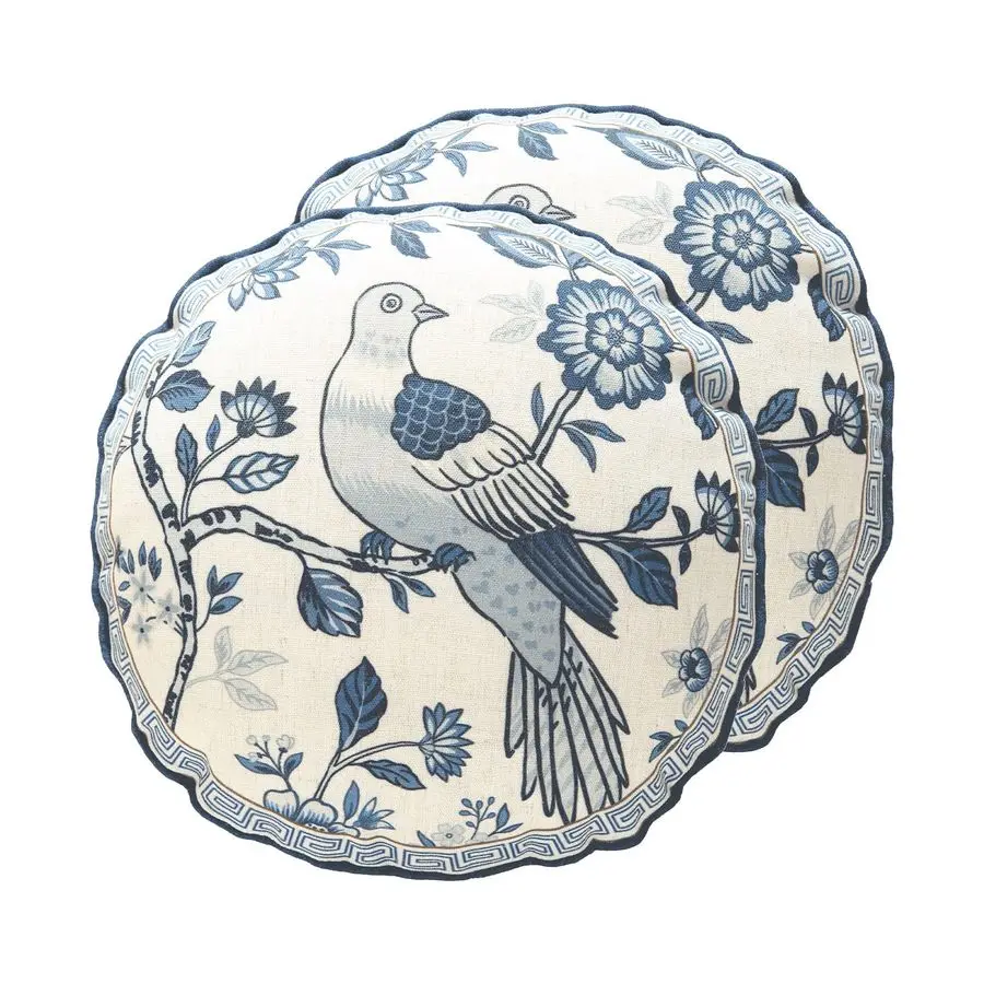 

Набор из 2 чехлов для подушек, классические льняные наволочки в стиле шинуазри с сине-белым узором и изображением птиц, декоративные круглые чехлы для подушек.