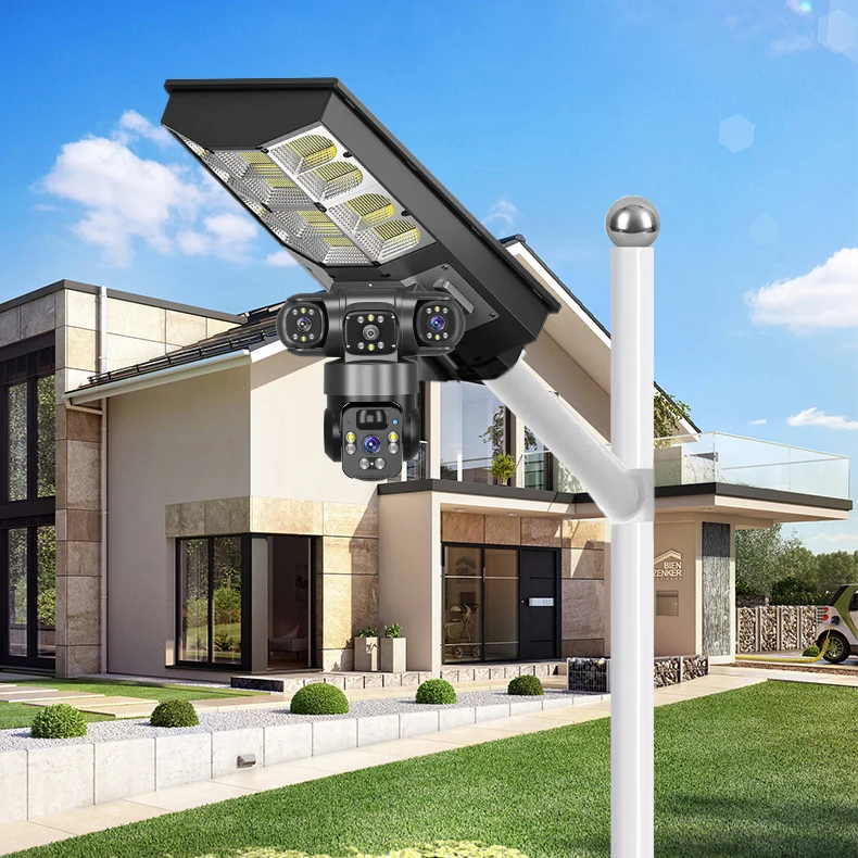 كاميرا Regis V380 Pro Solar Street Light CCTV 4G IP 12MP خارجية متعددة العدسات 3 شاشات PTZ ميكروفون مدمج للرؤية الليلية #3