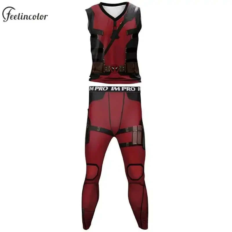 Superhero Cosplay Vest for Men Red V-Neck Tank Tops Leggings Fashion Casual Novelty T-Shirts Pants Sets 2 Pcs Male Clothing