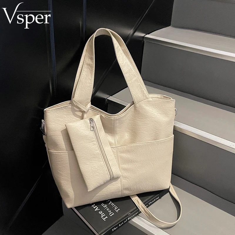 Vsper Practical Big Shoulder Bag Set For Women Soft PU Leather 2-IN-1 Large Capacity Shopping Travelling Totes With Small Pouch
