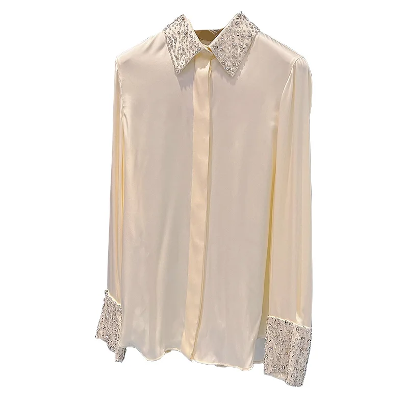 เสื้อเชิ้ตซาตินหรู ปกบาก ไม่ยับ ทำมือ ประดับเพชร แขนยาว สไตล์ Y2K เสื้อยืดสำหรับฤดูใบไม้ร่วงและฤดูหนาว