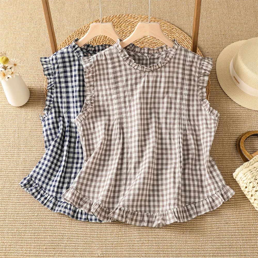 

Summer Thin Outerwear Plaid Sleeveless Women's Vest Top Age-Defying Gingham Casual Style round Neck Back Buttoned Shirt
