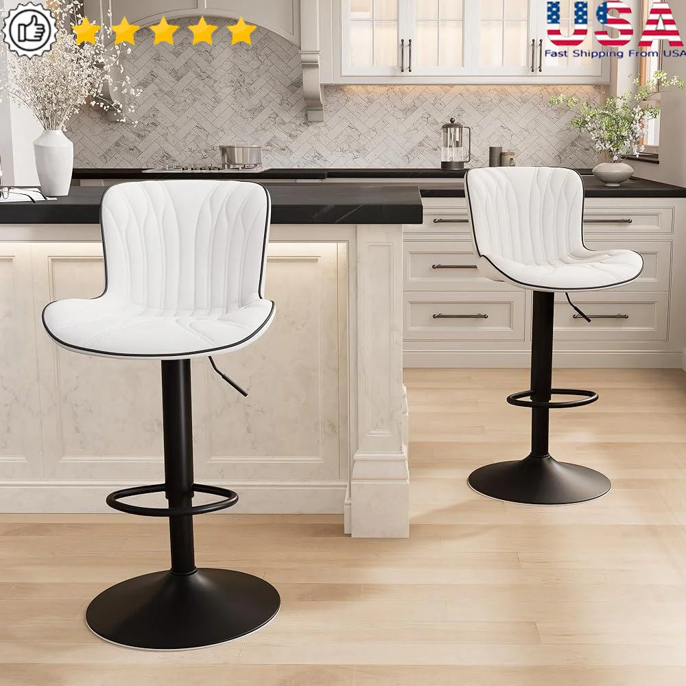 

Adjustable Height Bar Stools Set of 2 Faux Leather Kitchen Counter Chairs with High Backrest Swivel Design Easy Assembly