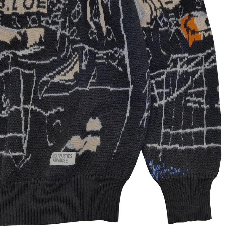 WACKO MARIA Men's Women's Cotton Vintage Hip Hop Graffiti Crew neck Sweater Winter High-end Casual Pullover Knitwear