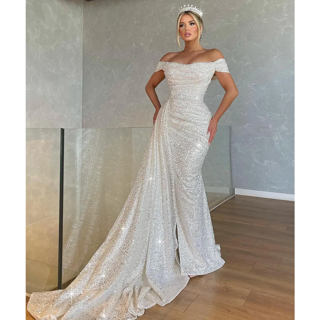 Mermaid Evening Dresses Sleeveless Bateau Sequins 3D Lace Beaded Appliques Off Shoulder Plus Size Prom Dresesses Custom Made