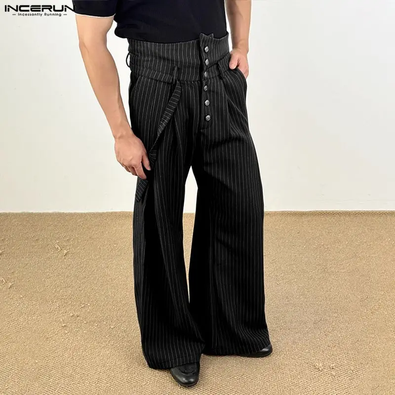 

INCERUN мужские брюки в полоску с вышивкой и высокой талией, широкие брюки, мужские уличные брюки для бега, свободные модные повседневные длинные брюки