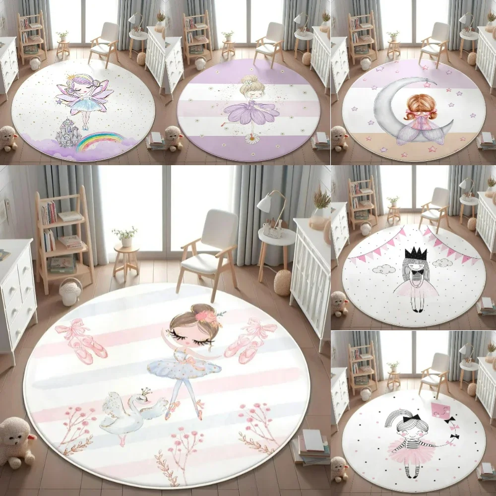 Enchanted Ballet Girl Round Rug for Home Decor Magical Flower Fairy Playful Floor Mat for Kids Nursery Bedroom Fantasy Decor