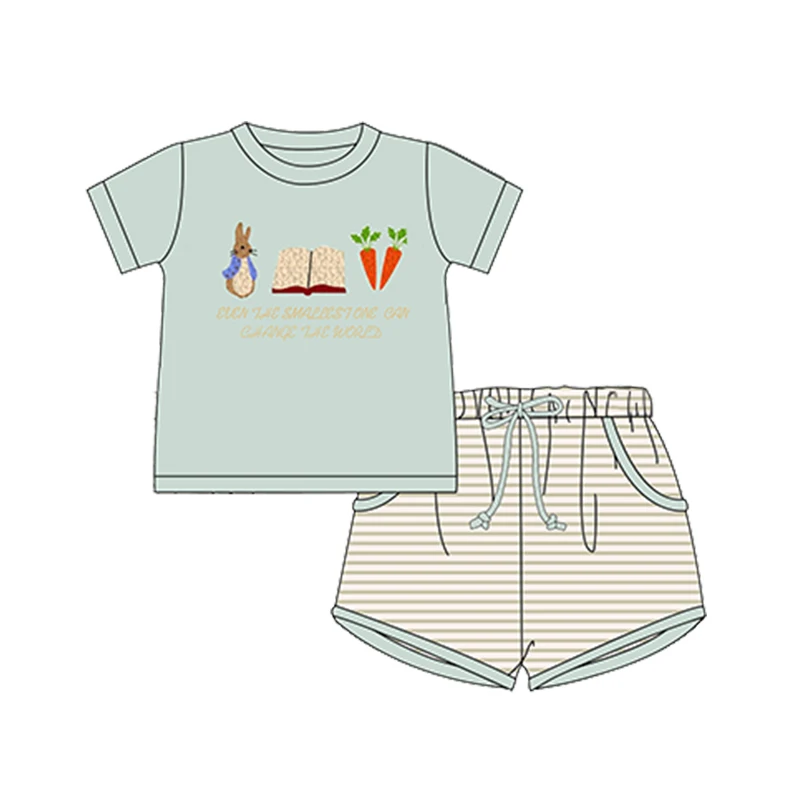 Easter Boutique Short Sleeve Round Neck Rabbit French Knot Girl Green Romper Boy Blue Top Clothes And Pleated Skirt Pants