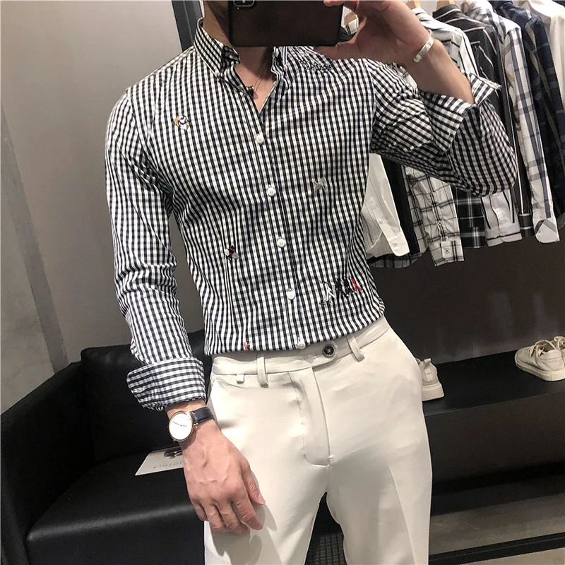

2025 New Men's Long Sve Plaid irt Slim Fit Korean Sle Embroidery Casual Haome Formal irt Breathable Skin-Friendly